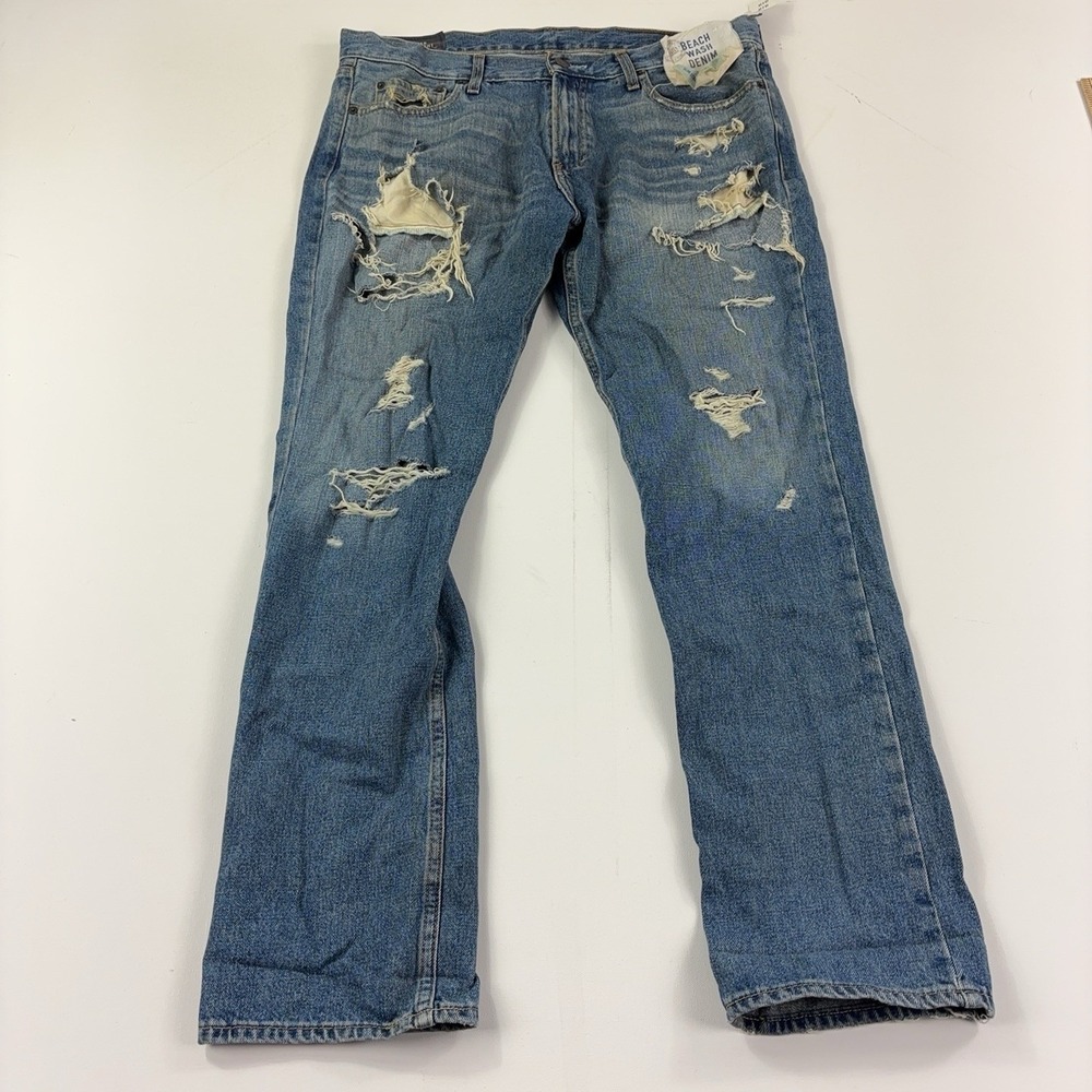Hollister Slim Straight Jeans Mens 36x32 Blue Medium Wash Distressed Denim Pants